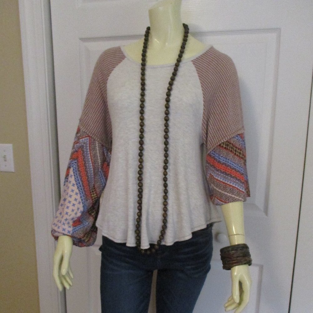 Slouchy Patchwork Boho Tunic Top sz S Bishop Sleeve Mixed Fabric